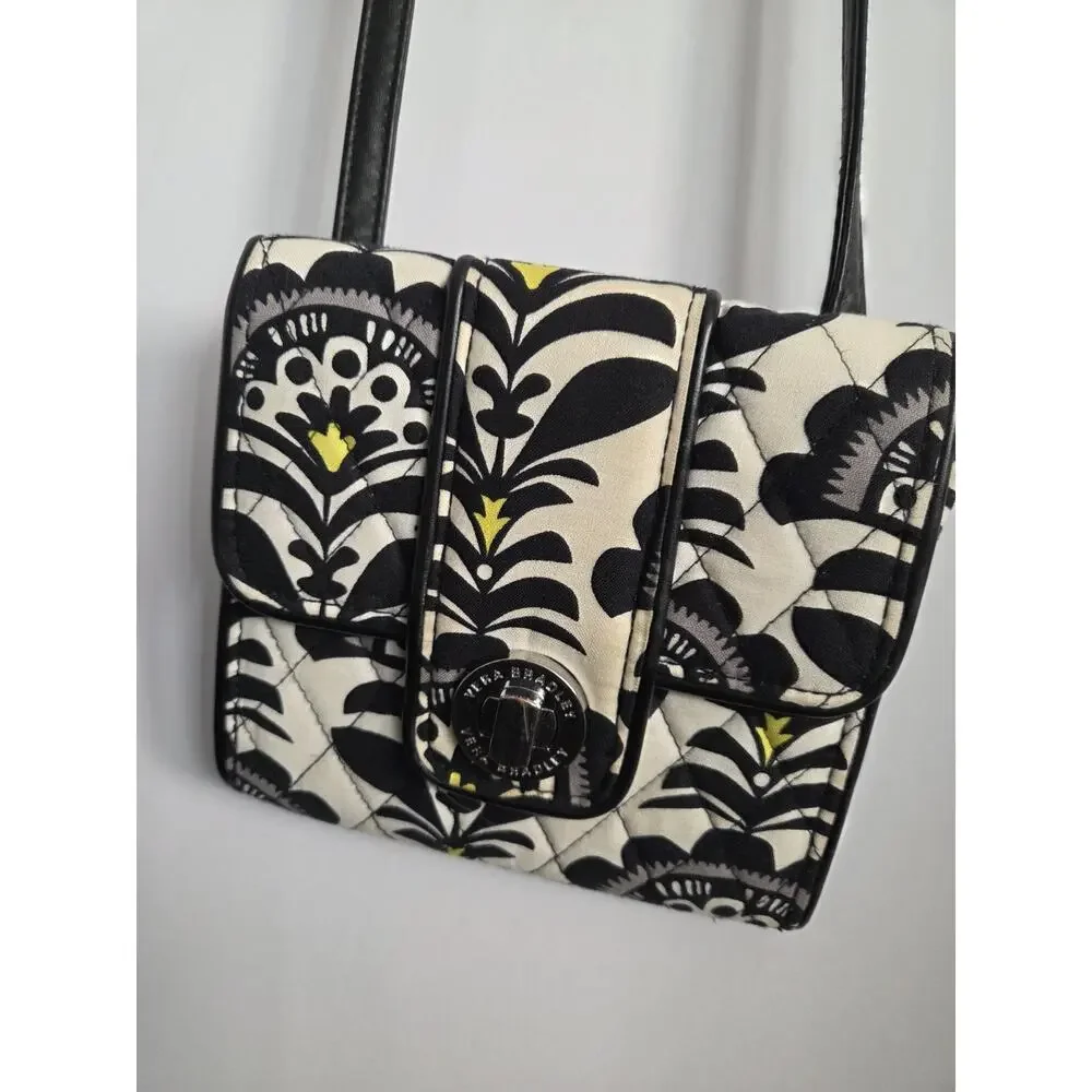 Vera Bradley Petite Crossbody Purse Fanfare Black White Strap Yellow Mini 6x6 In